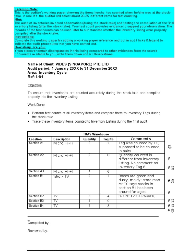 Inventory Audit Working Papers Summary | PDF | Inventory | Business