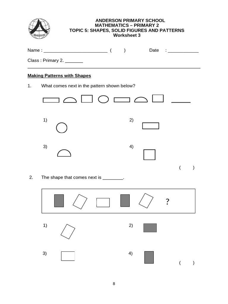 Shapes solid figures and patterns worksheet 3 pdf