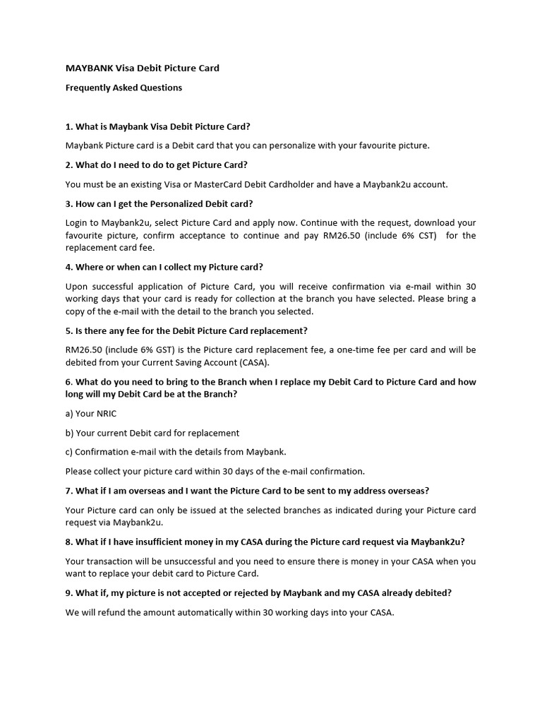MAYBANK Visa Debit Picture Card FAQ | PDF