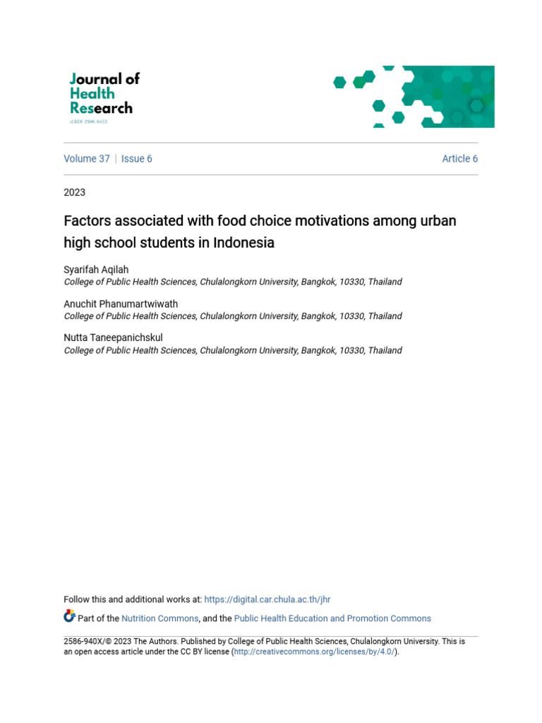 Factors Associated With Food Choice Motivations Among Urban High | PDF