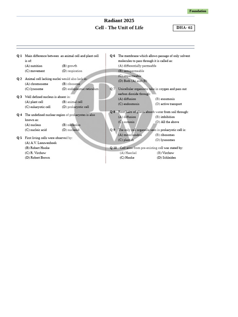 Cell the unit of life dha 02 radiant 2025 pdf