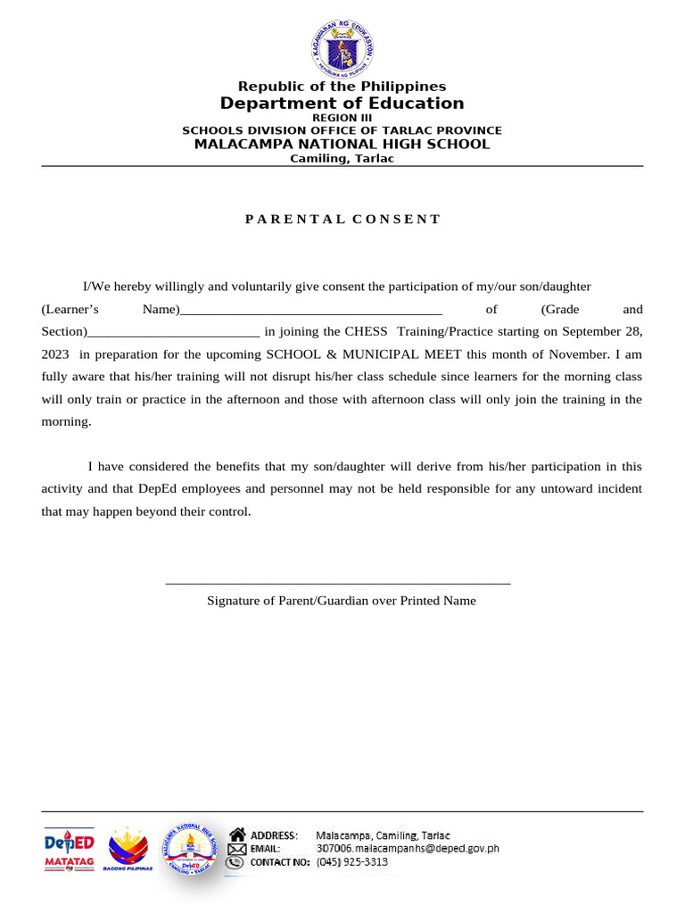 Parent Consent for Chess Training | PDF