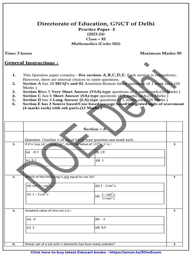 Class 11 math english practice paper 2023 24 set 1 pdf
