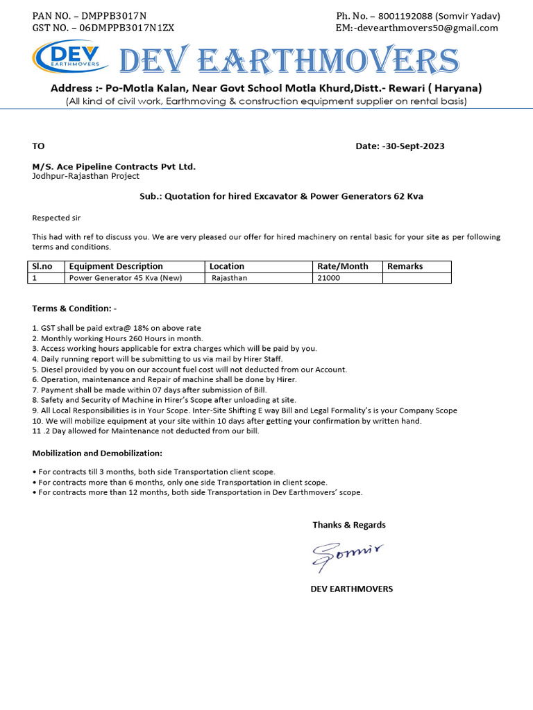 Quotation of Power Generator 45 Kva | PDF