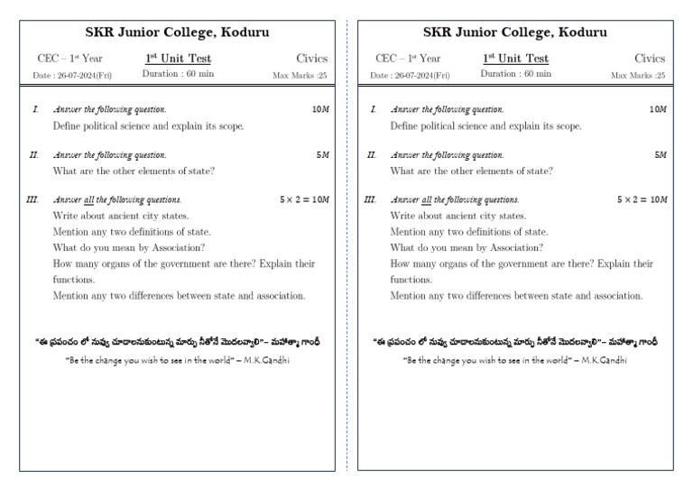 Civics Ap Intermediate 2nd Unit Test Question Paper 1st Year Pdf