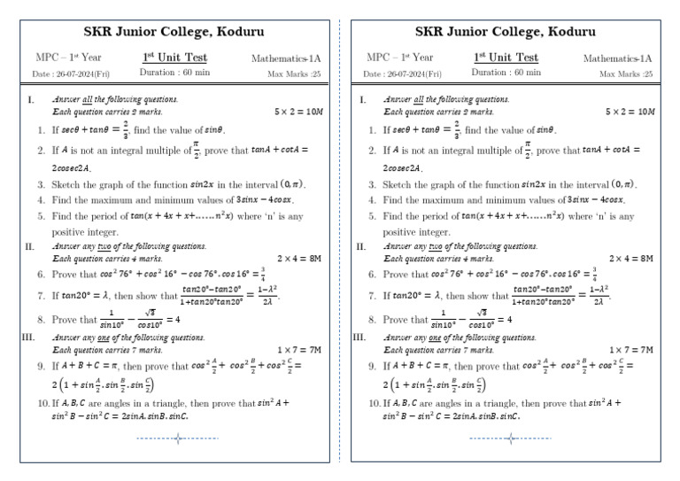 Maths 1A AP Intermediate 2nd Unit Test Question Paper | PDF