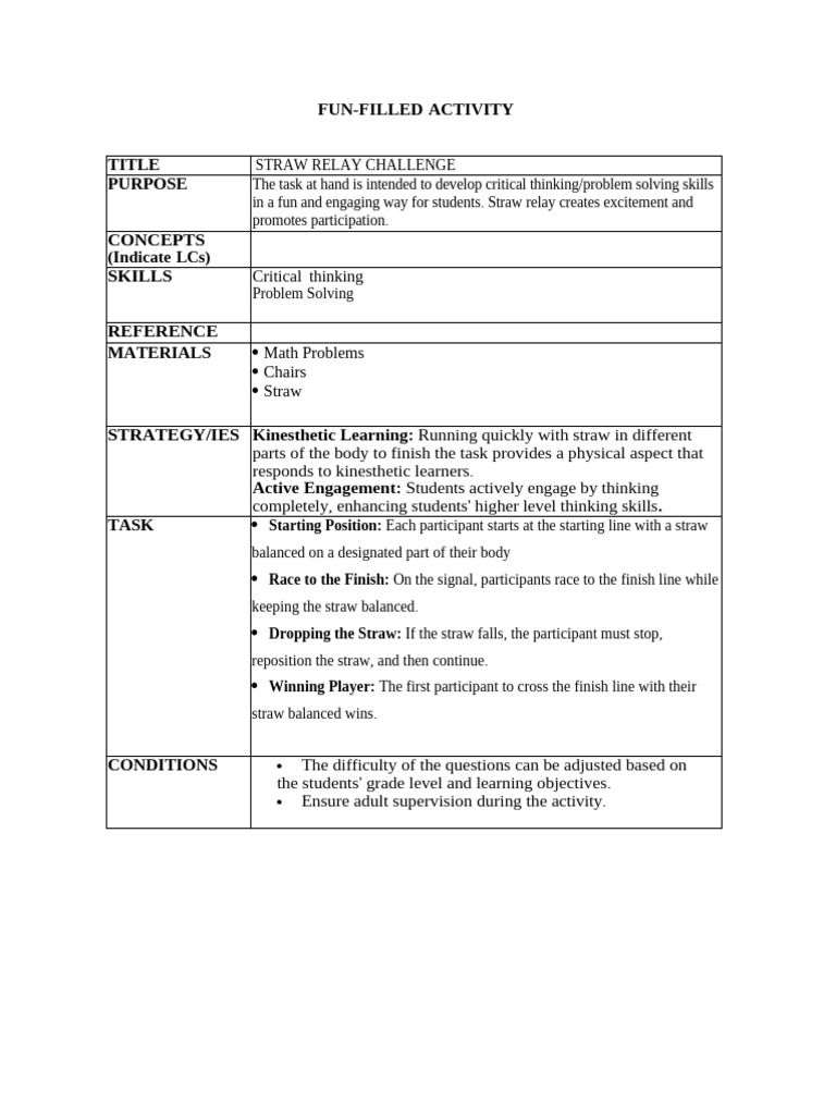 Straw Relay Challenge Pdf