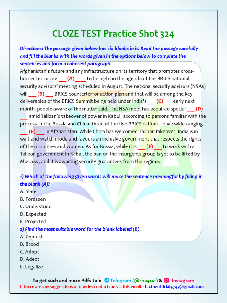 CLOZE TEST Practice Shot 324 | PDF