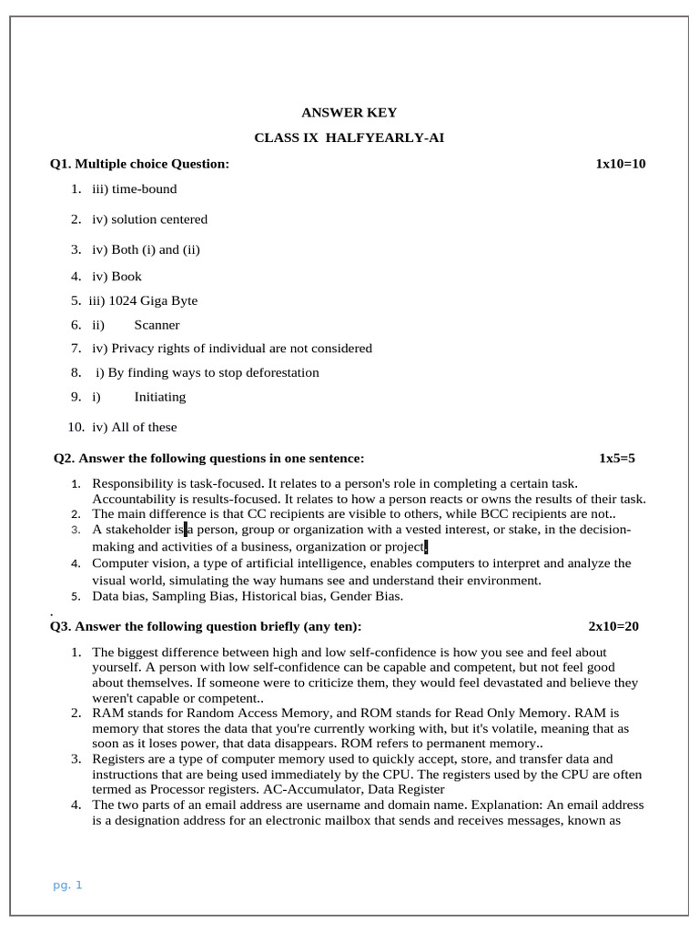 Answer key class 9 ai pdf