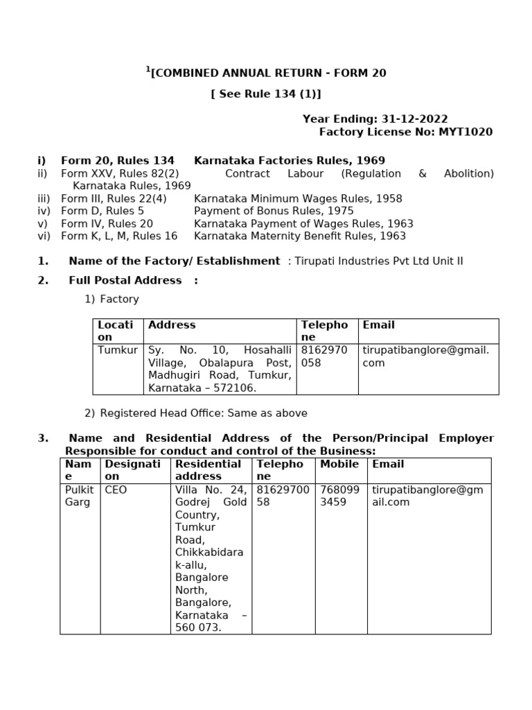 FORM 20 - COMBINED ANNUAL RETURN Tirupati 2022 | PDF