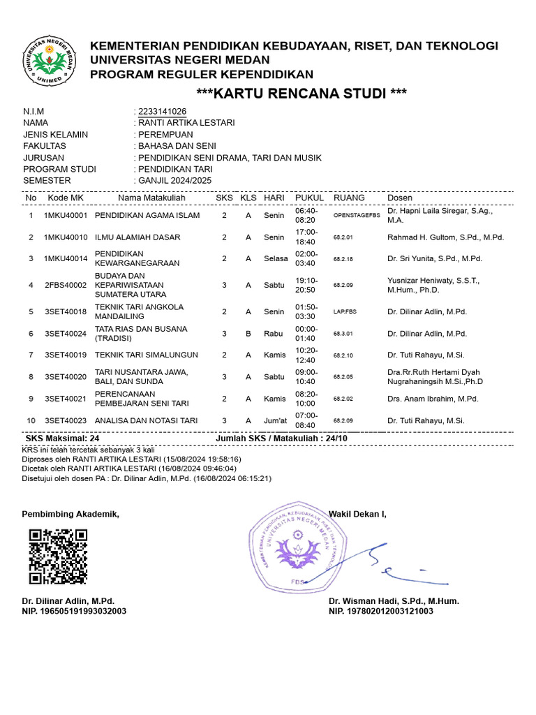 Kartu Rencana Studi (KRS) - Akad Unimed | PDF