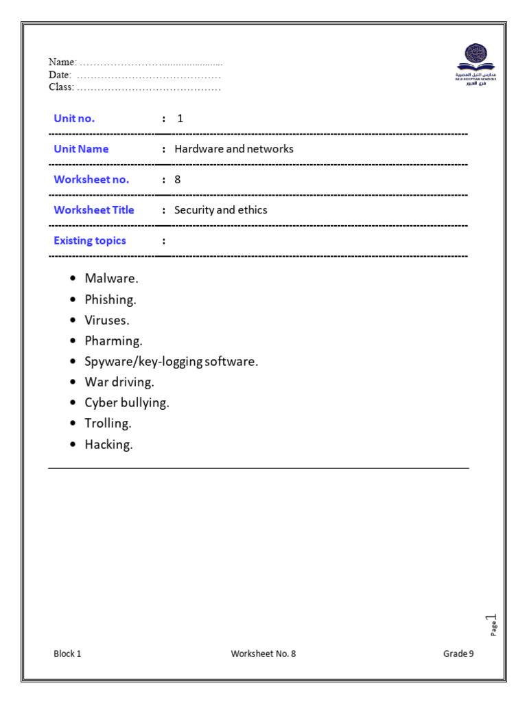 ICT G9 B1 Worksheet+no+8+Security+and+ethics | PDF