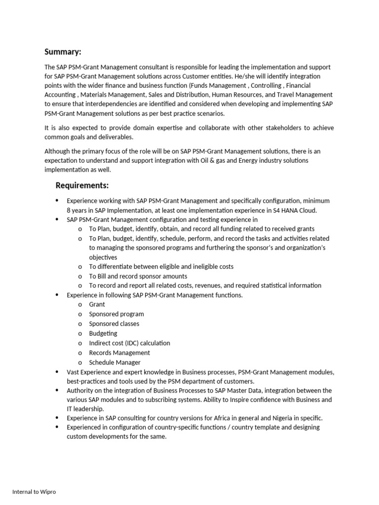 Job Summary - SAP Grant Management - Public Sector | PDF