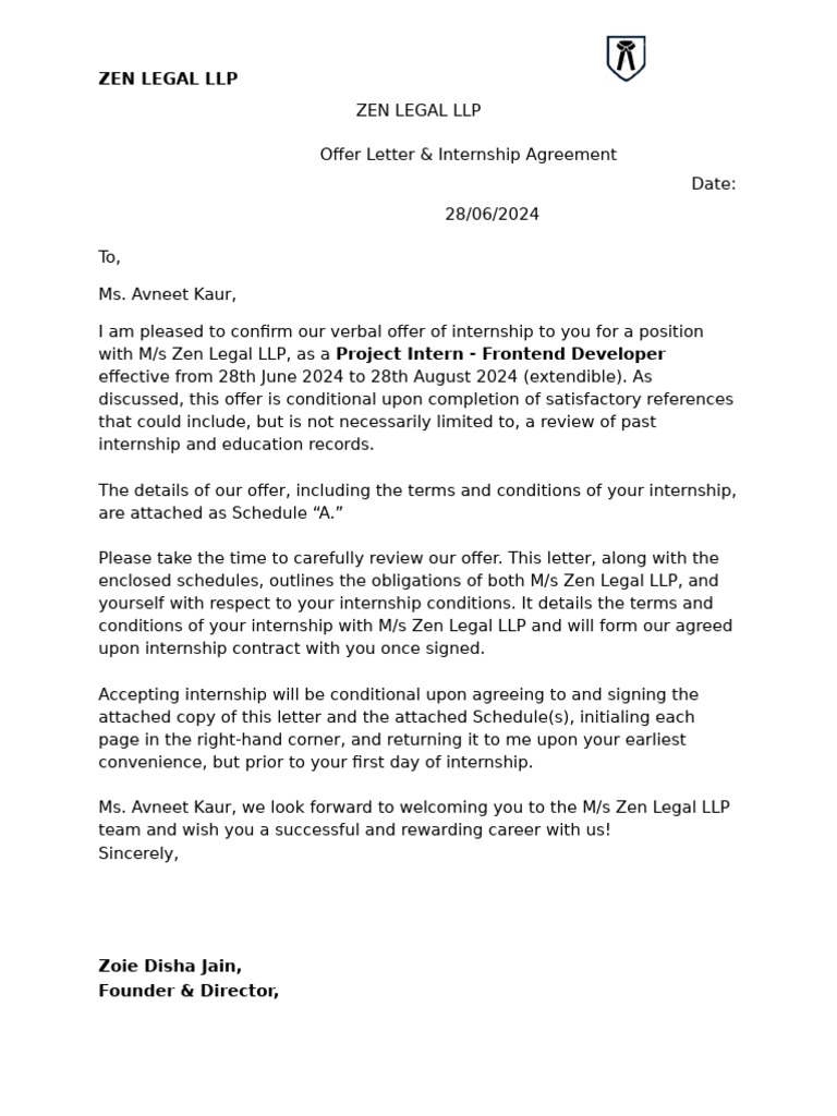 Internship Agreement - Avneet Kaur (ZEN LEGAL LLP) | PDF