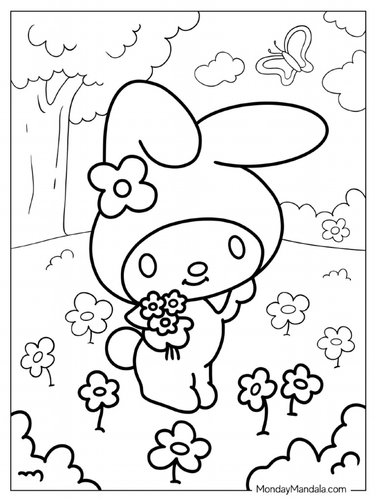My Melody Picking Flowers Coloring Page | PDF