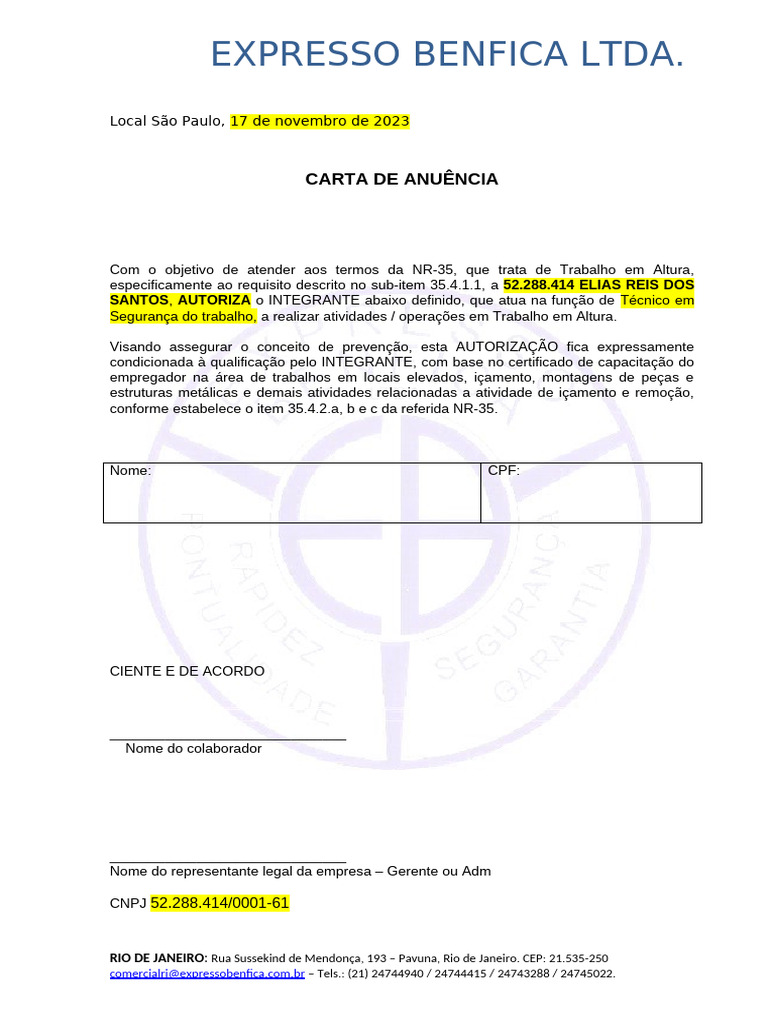 Modelo Carta de Anuencia NR35 | PDF