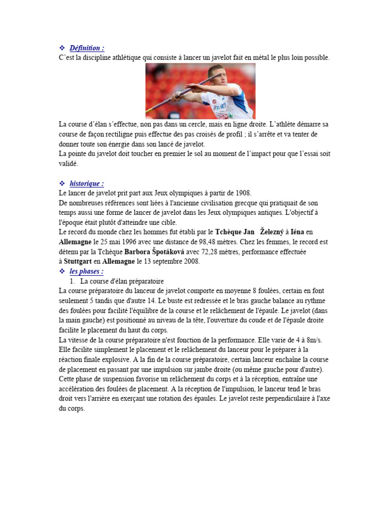 Définition et techniques du lancer de javelot | PDF