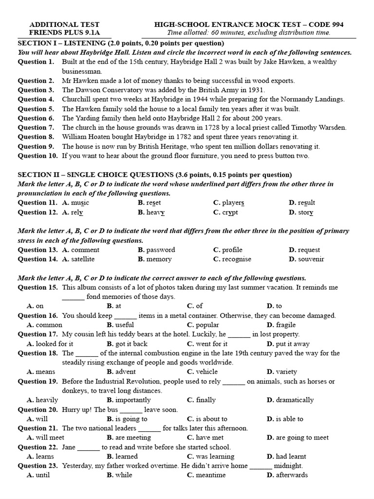 High School Entrance Mock Test 994 | PDF