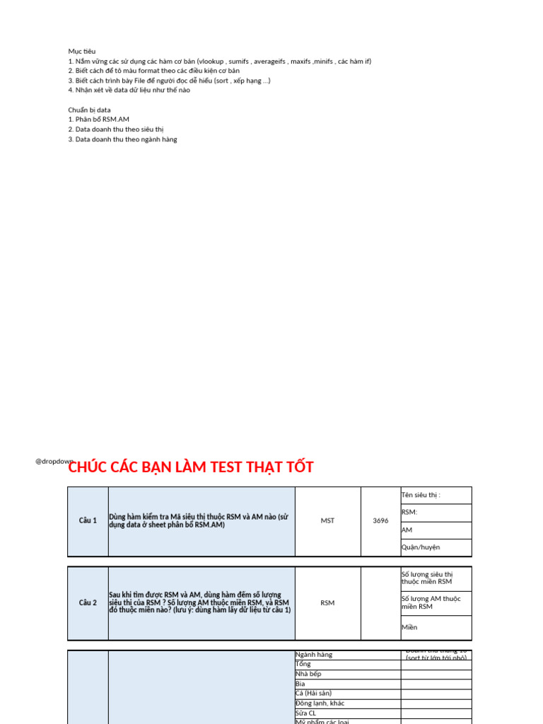 Bài Test Excel Nhân Viên BP Chính Sách BHX | PDF