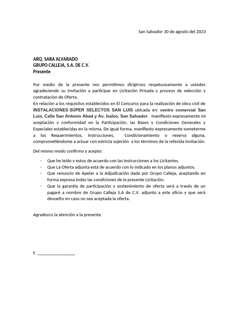 Carta de Licitación Modelo para Obras | PDF | Derecho | Hogar ...