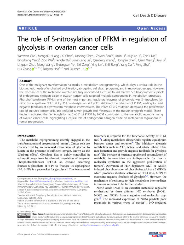 The Role of S-Nitrosylation of PFKM in Regulation of Glycolysis in ...