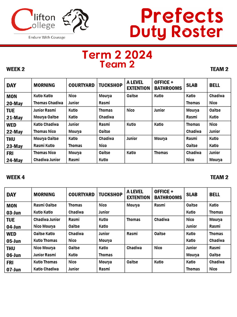 Prefect Duty Roster Term 2 Team 2 | PDF