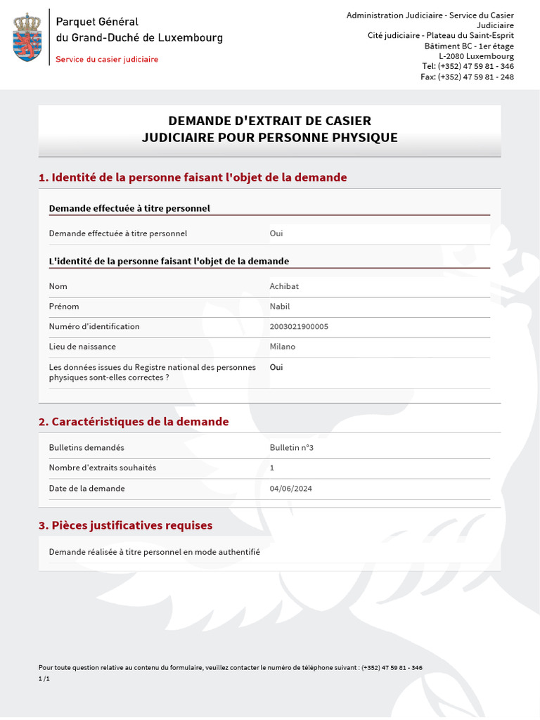 Demande D'extrait de Casier Judiciaire Pour Personne Physique | PDF