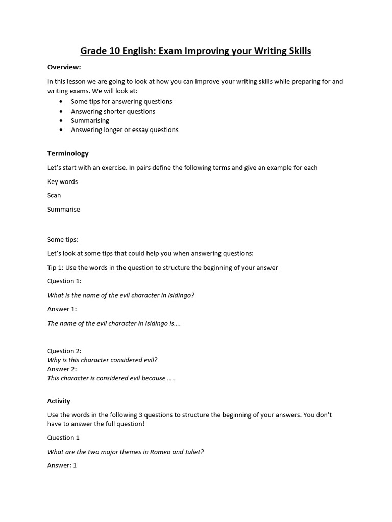 GR 10 - Eng (FAL) - 08 - Exams - Improving Your Writing Skills | PDF ...