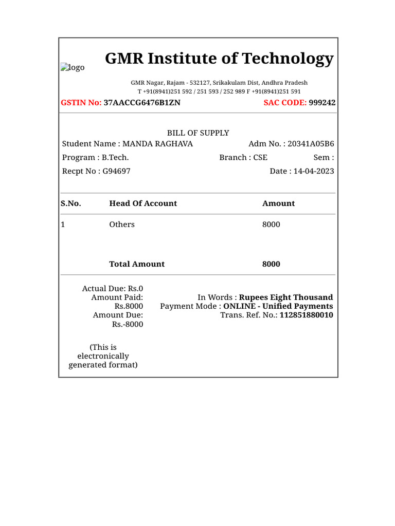 Gmr institute of technology gstin no sac code pdf
