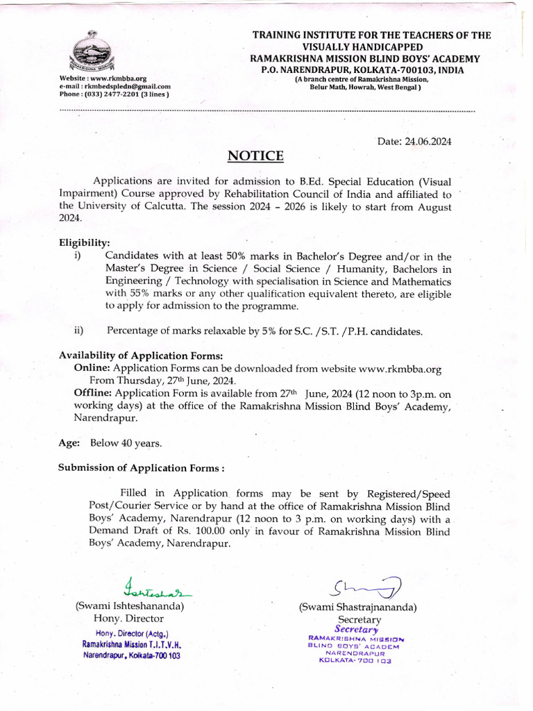 B.ed Special Education - Admission Notice - 24.06.2024 | PDF