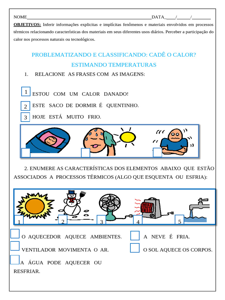 Atividade sobre Calor e Frio | PDF | Temperatura | Calor