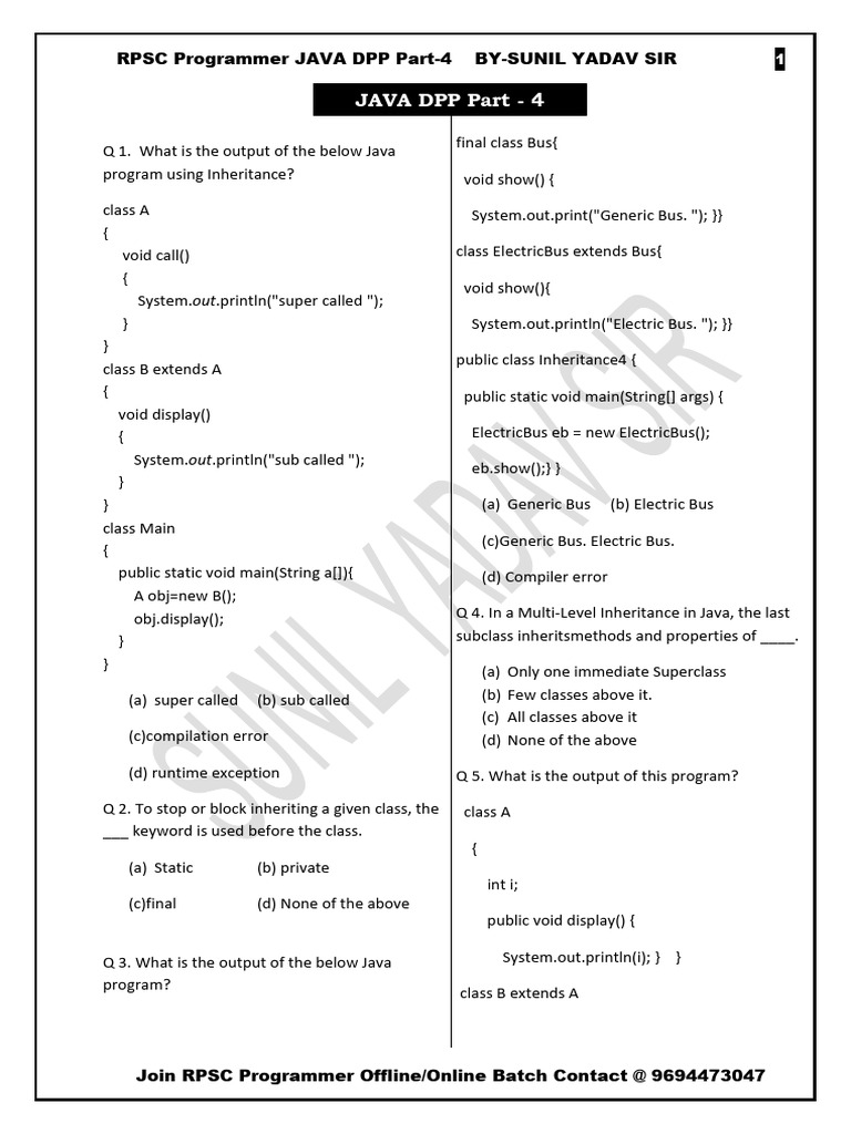 RPSC Java Programmer Quiz Part 4 | PDF | Inheritance (Object Oriented ...