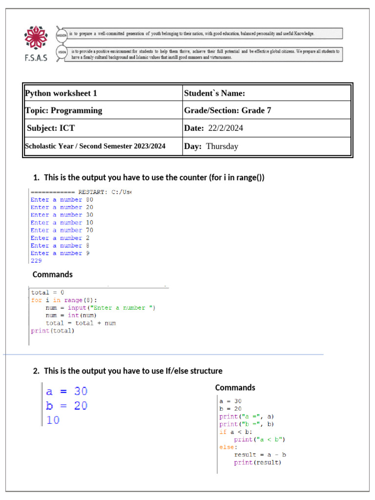 Python Worksheet 1 G7 | PDF