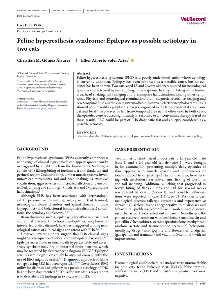 Feline Hyperesthesia Syndrome Epilepsy As Possible Aetiology in Two ...