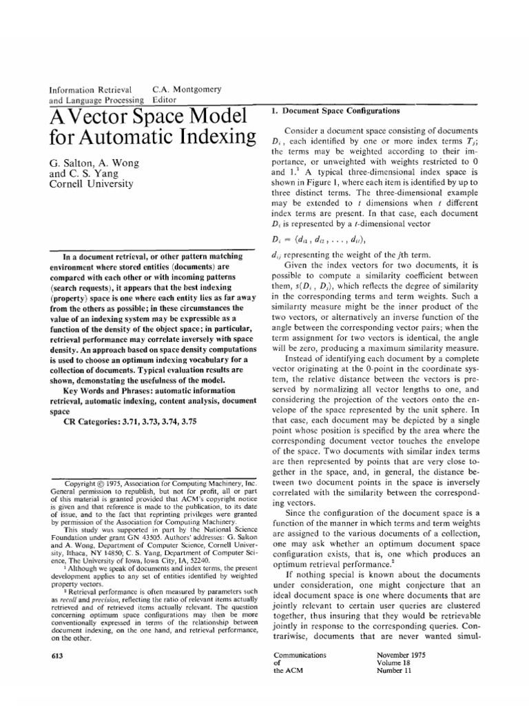 A vector space model for automatic indexing salton wong yang cornell