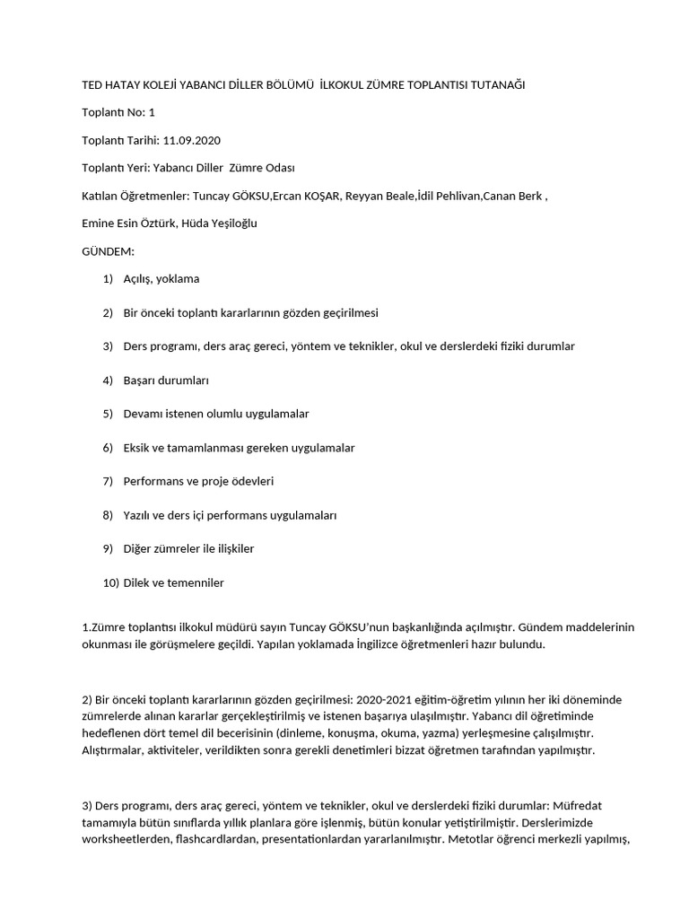 Ted hatay kolej yabanci d ller b l m lkokul b r nc z mre toplantisi