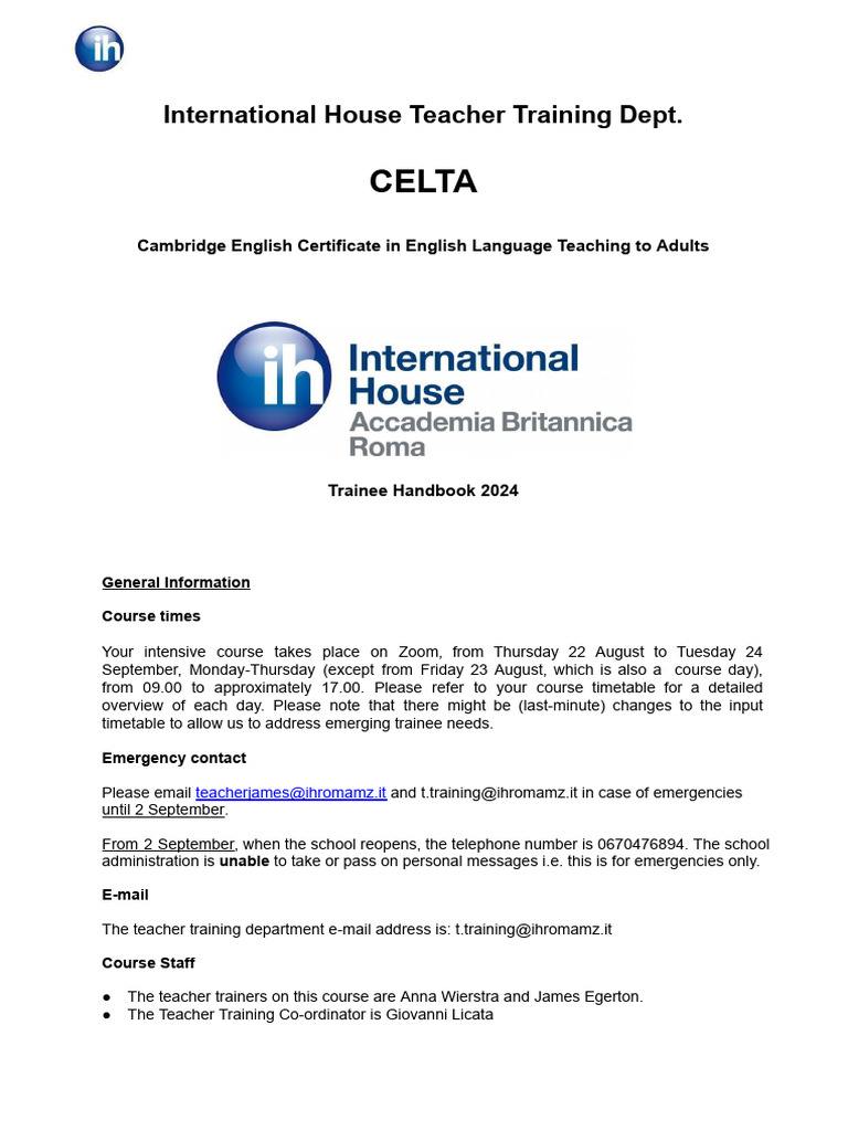 CELTA Trainee Handbook August - September 2024 | PDF
