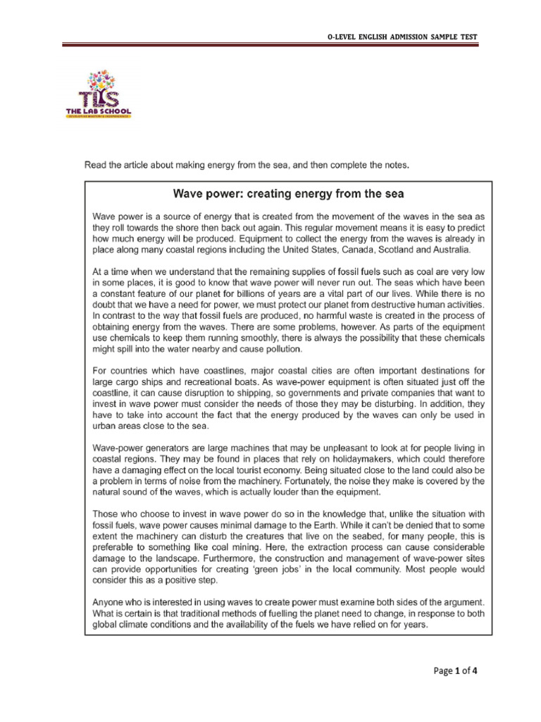 English O-Level Admission Sample Test Paper | PDF | Finance & Money ...
