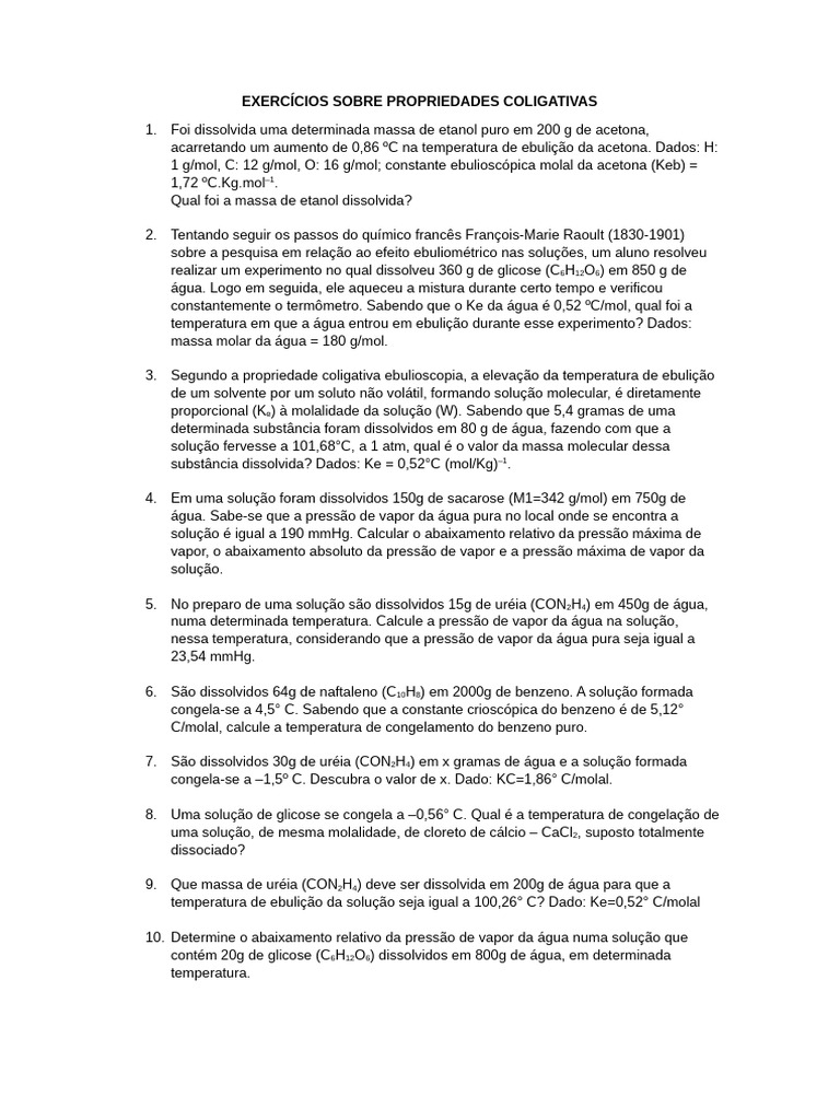 Exercícios Sobre Propriedades Coligativas | PDF
