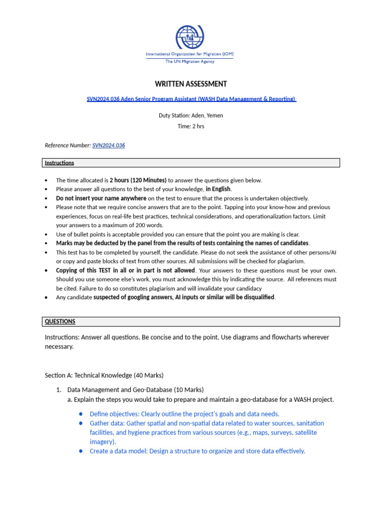 Written Test For SVN2024.037 Aden Senior Program Assistant (WASH Data ...