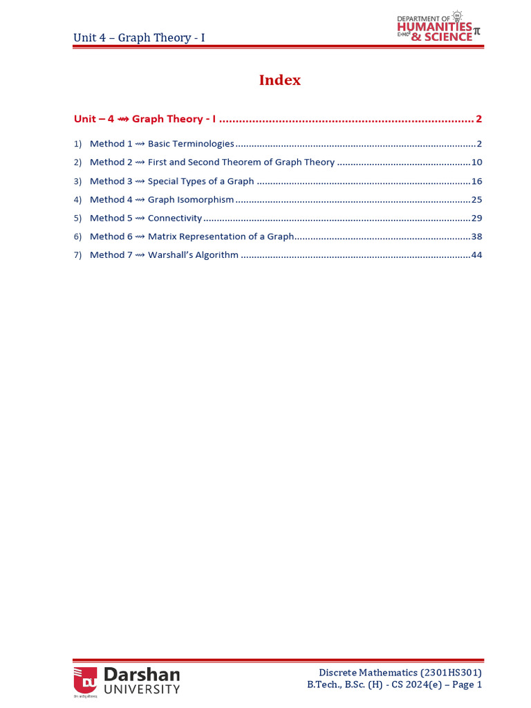 Index: Unit 4 Graph Theory - I