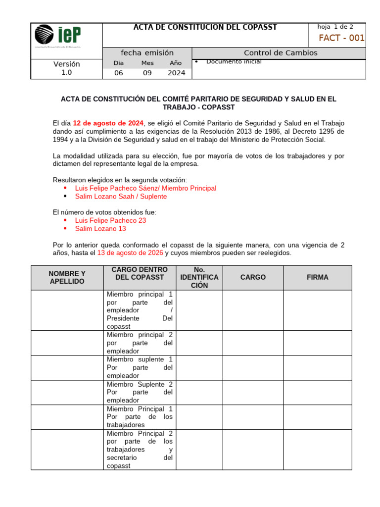 Registro Acta de Conformacion Del Copasst | PDF