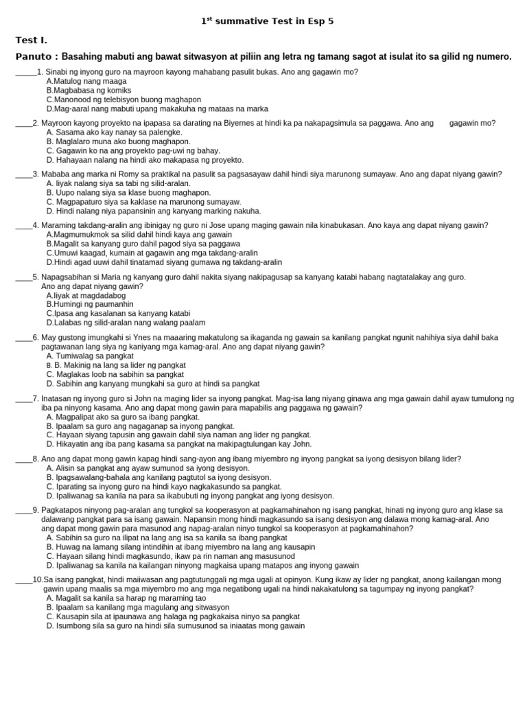 ESP Quarter 1 - 1st Summative Test | PDF