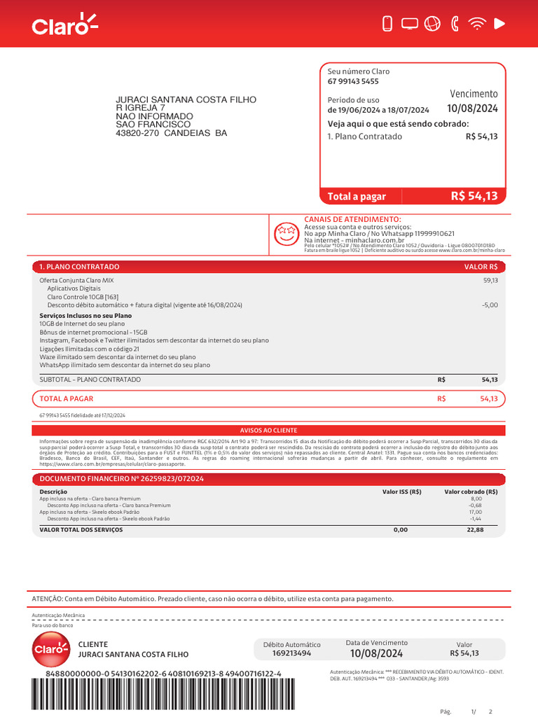 Second Invoice for Claro Services | PDF | Brazil