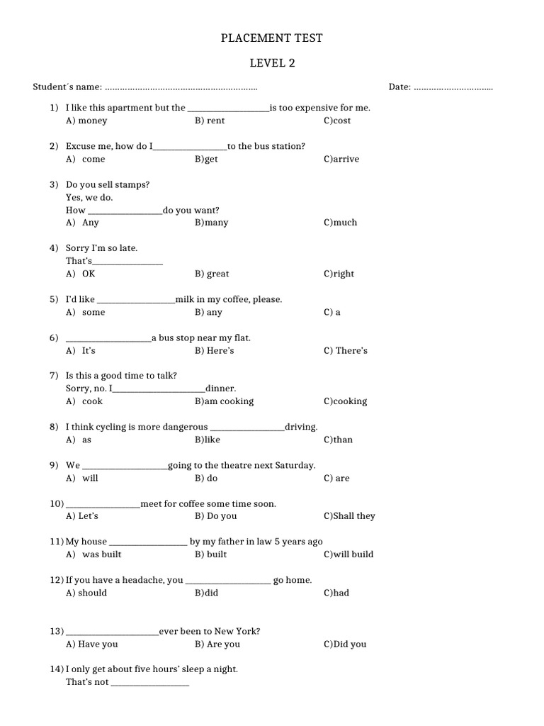 Placement Test Level 2 | PDF
