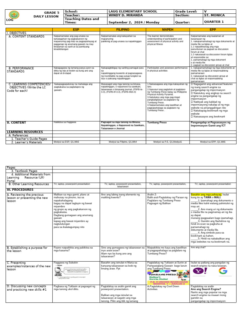 Grade 5 Lesson Plan Overview | PDF | Hypertext | Search Engine Software