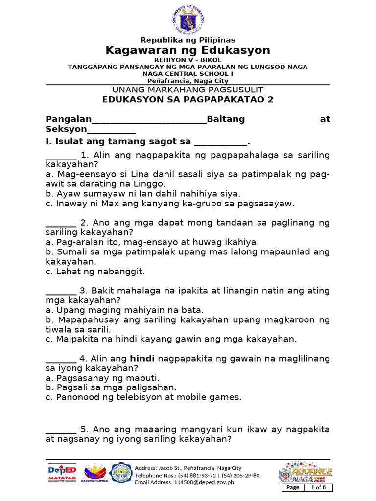 EsP 1st Quarter Exam | PDF