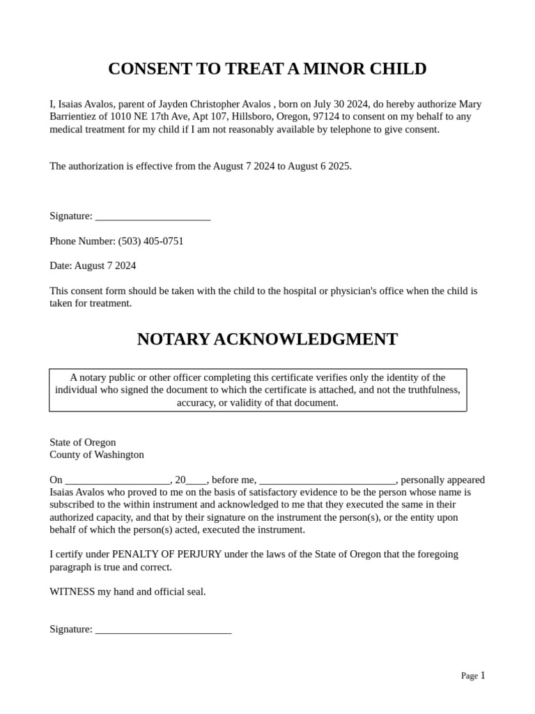 Oregon Minor Medical Consent Form | PDF
