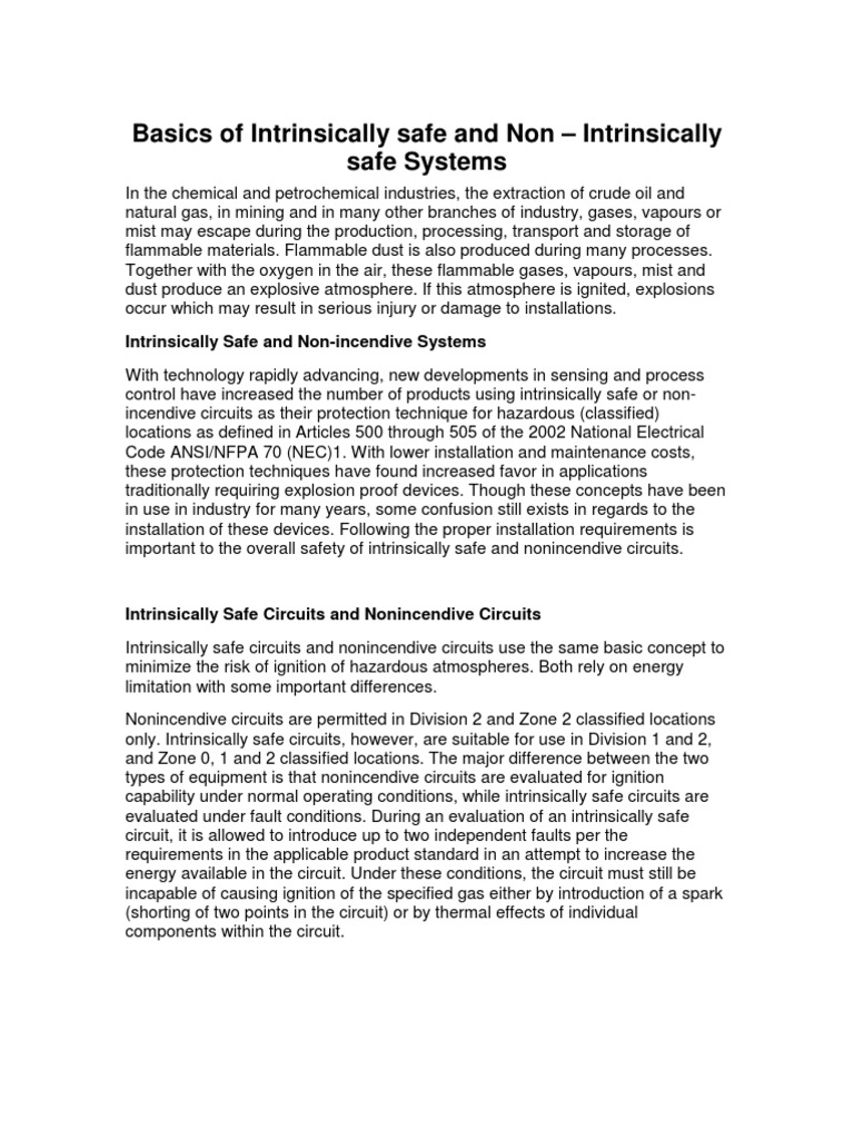 Basics of Intrinsically Safe and Non Intrinsically Safe Systems PDF Electrical Wiring