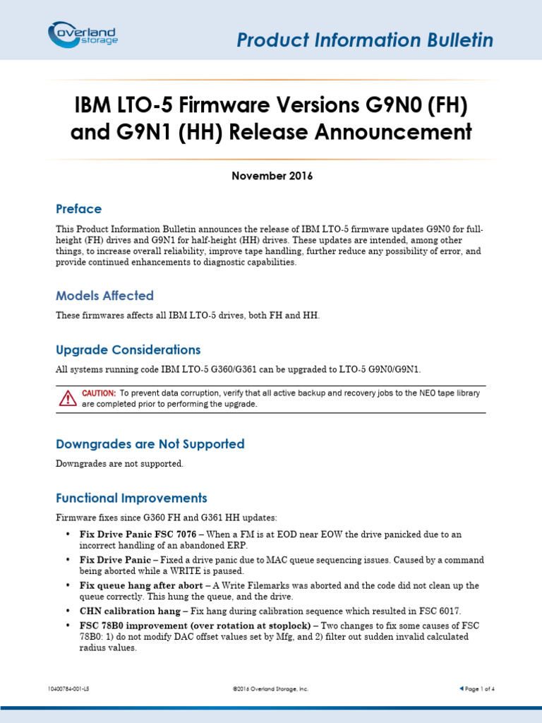 IBM LTO-5 Firmware Versions G9N0 (FH) and G9N1 (HH) Release Notes | PDF
